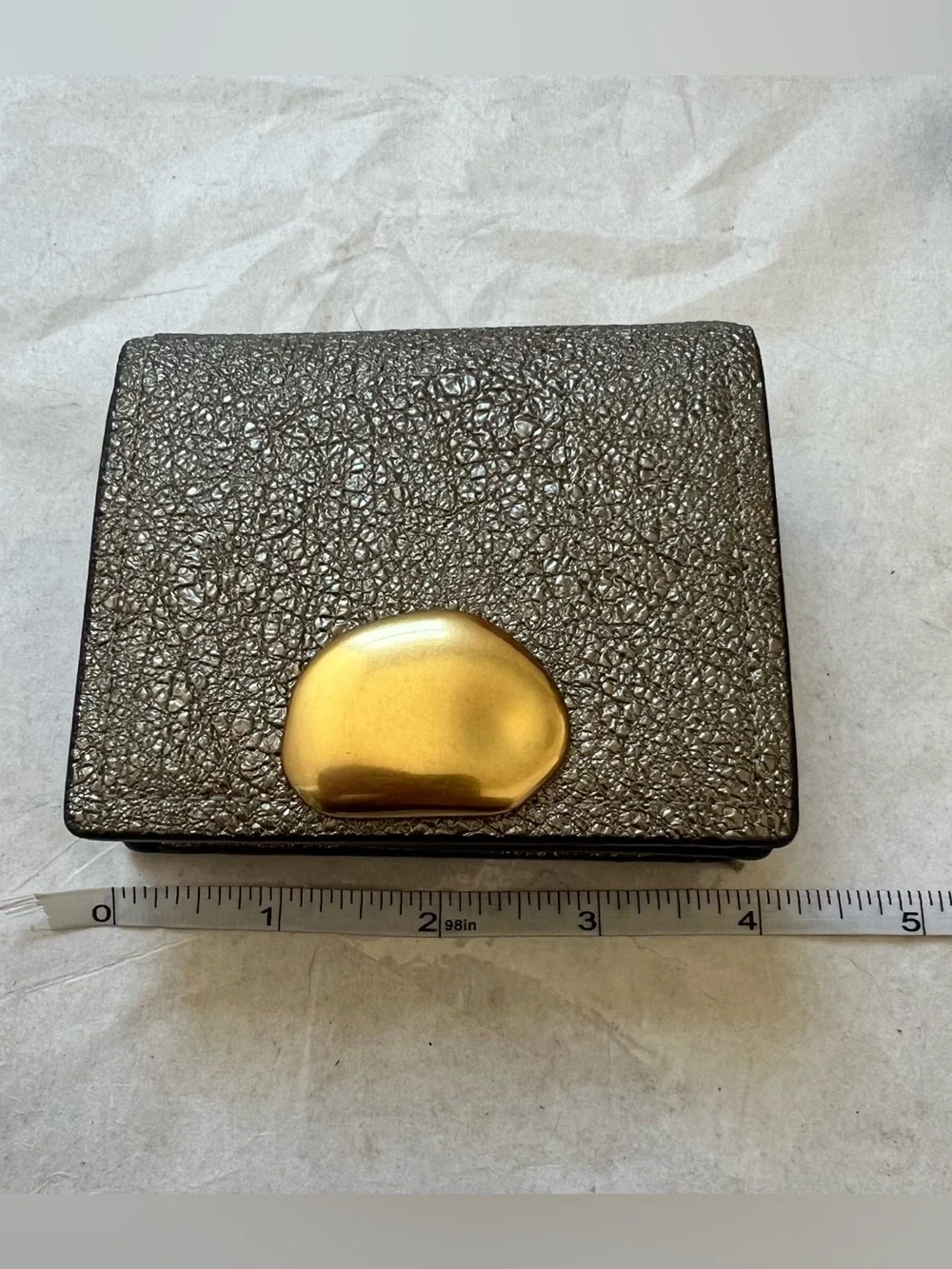 New Charles & Keith Small Crinkled Metallic Silver Wallet or Mini Bag Gold Accen
